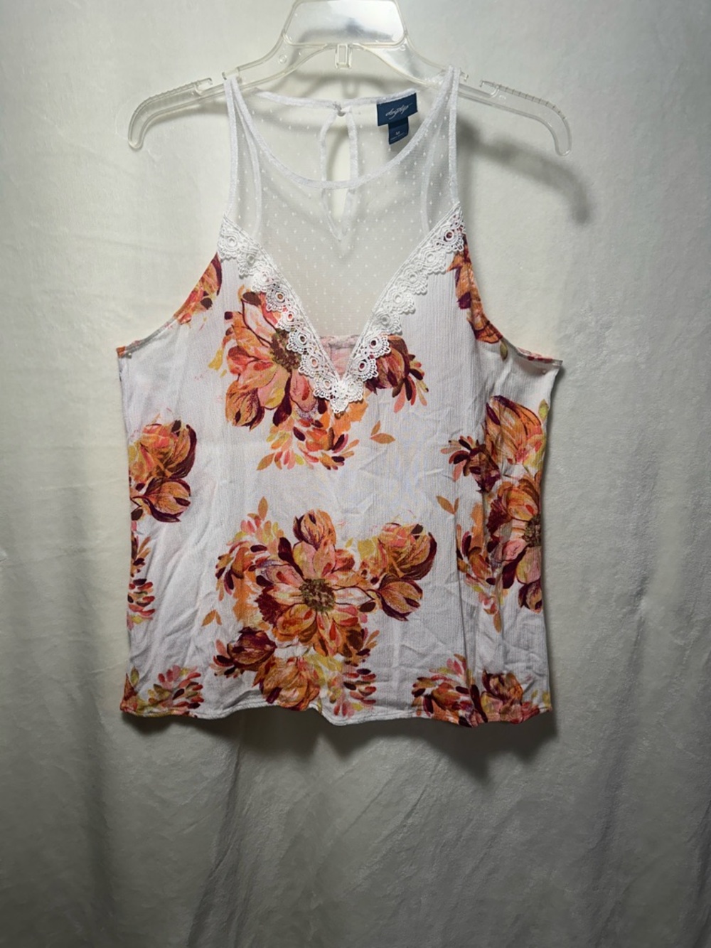 Daytrip White Floral Lace-Trimmed Camisole with Orange-Pink Bouquet